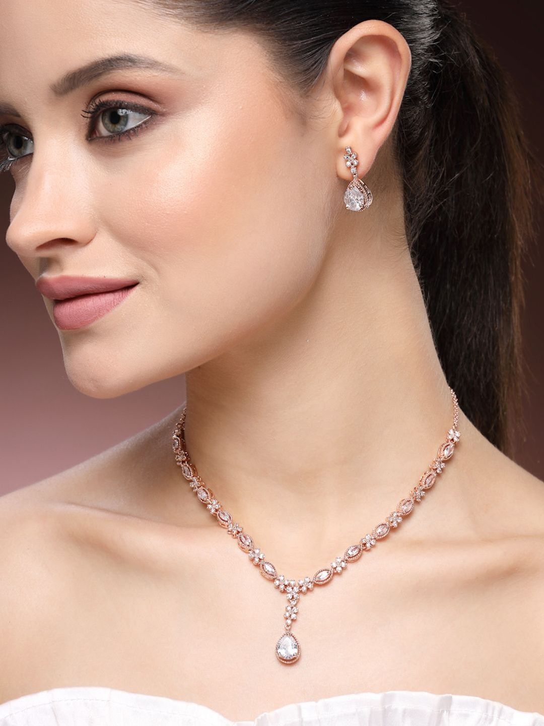 Buy Estele Rose Gold-Plated American Diamond Studded Jewellery Set