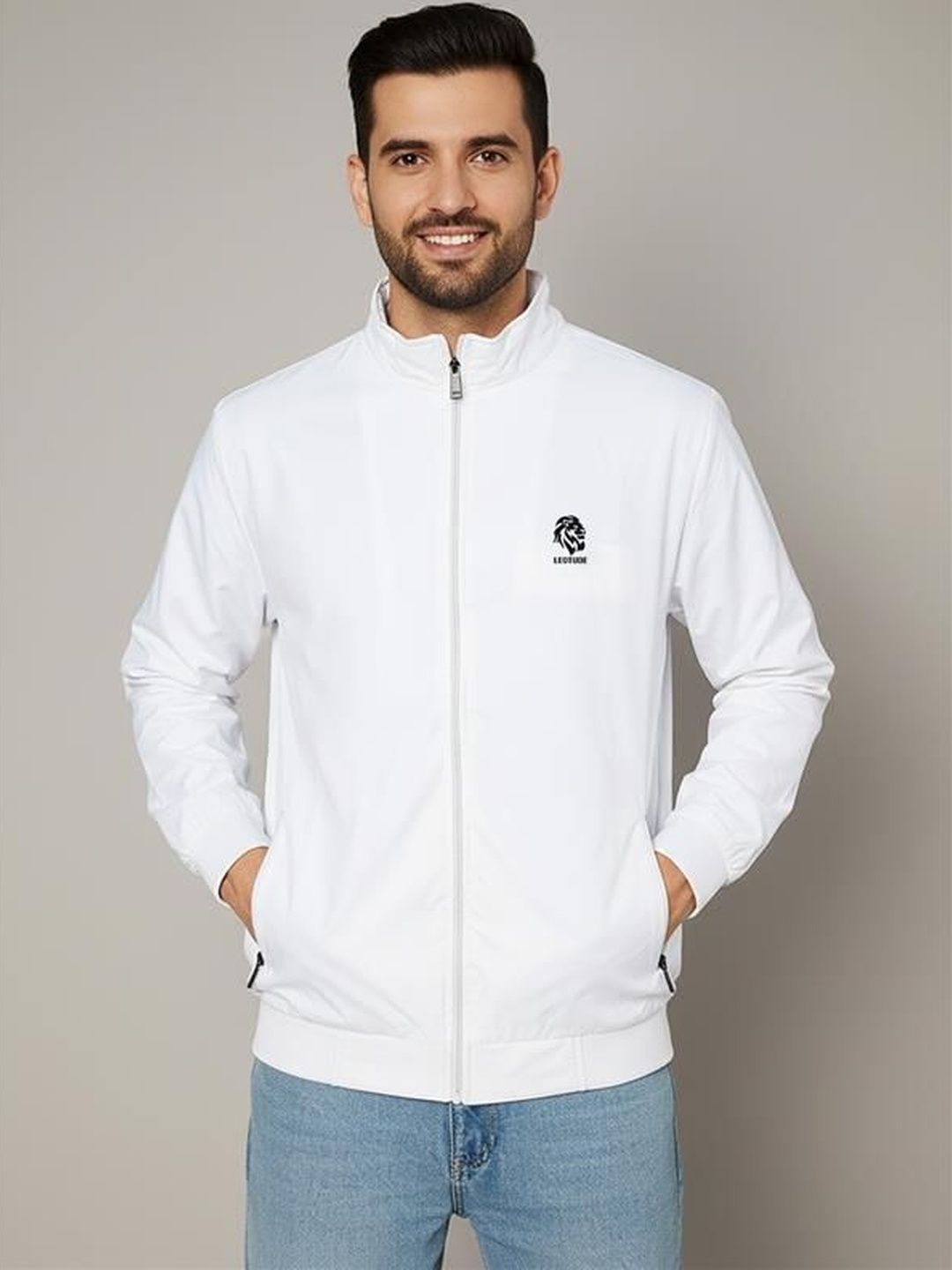Leotude Men Mock Collar Solid Windcheater Sporty Jacket