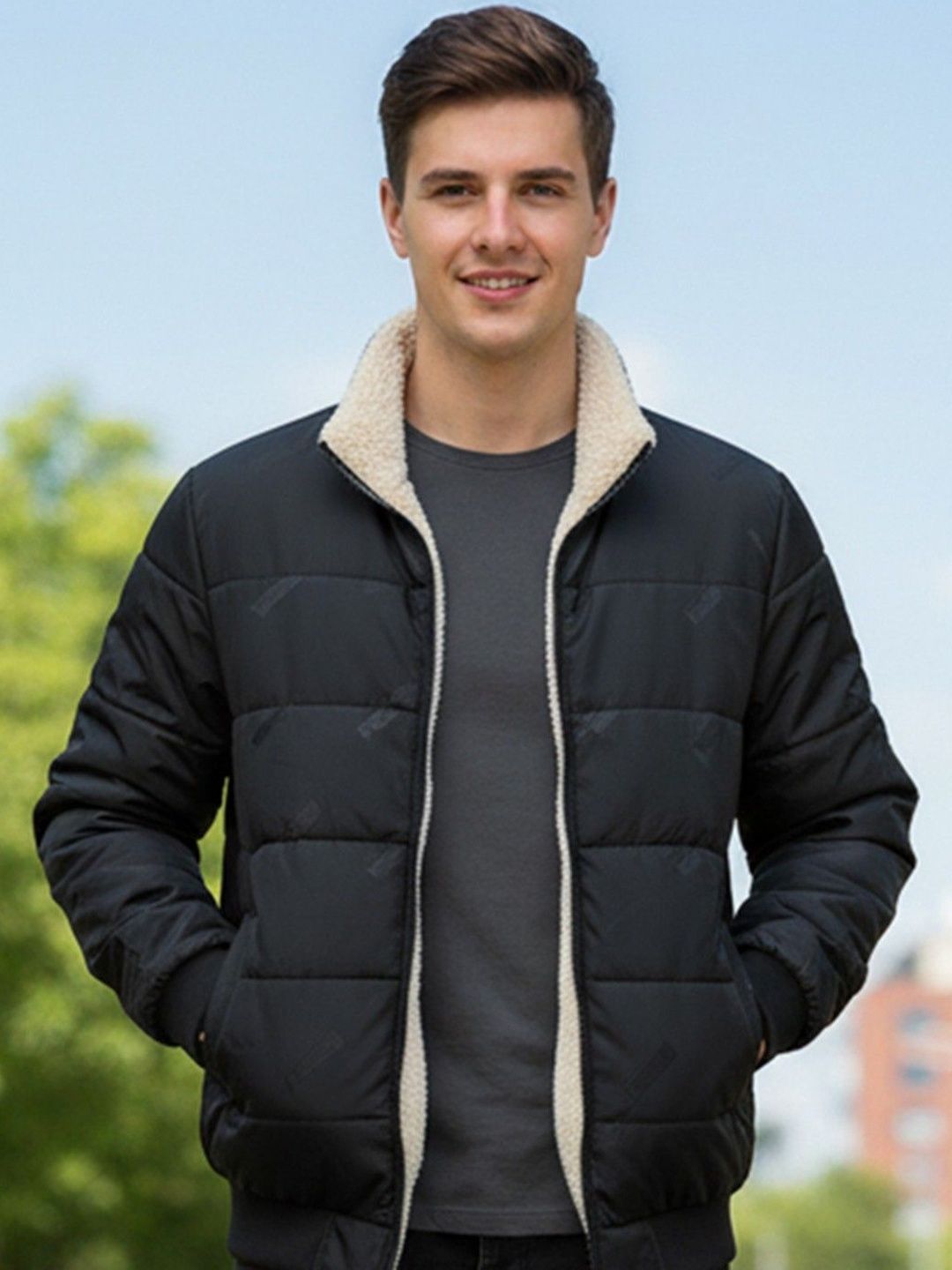 HERE&NOW Men Stand Collar Solid Puffer Jacket