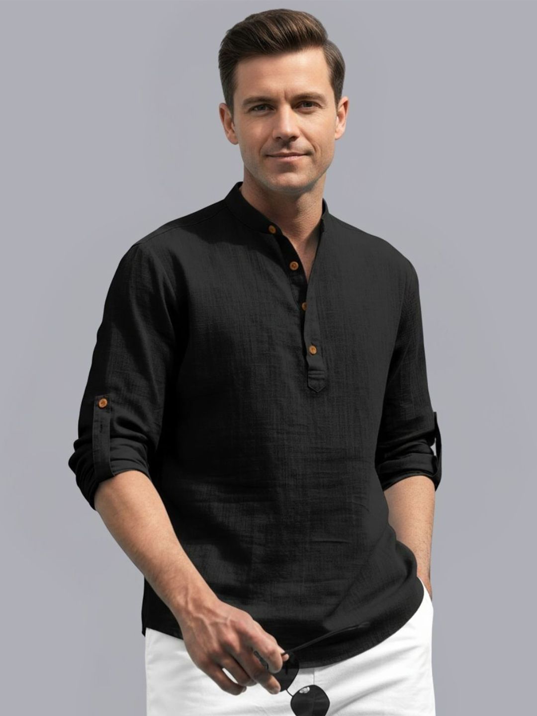 Zee Gold Men Mandarin Collar Roll-Up Sleeves Cotton Straight Kurta