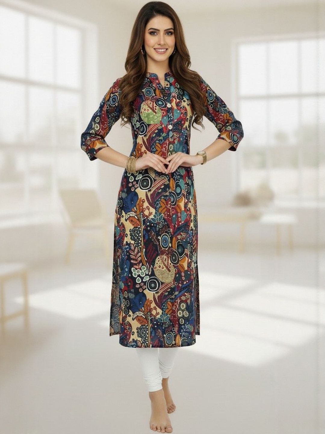 PU FASHION Women Floral Printed Boat Neck Empire Anarkali Kurti