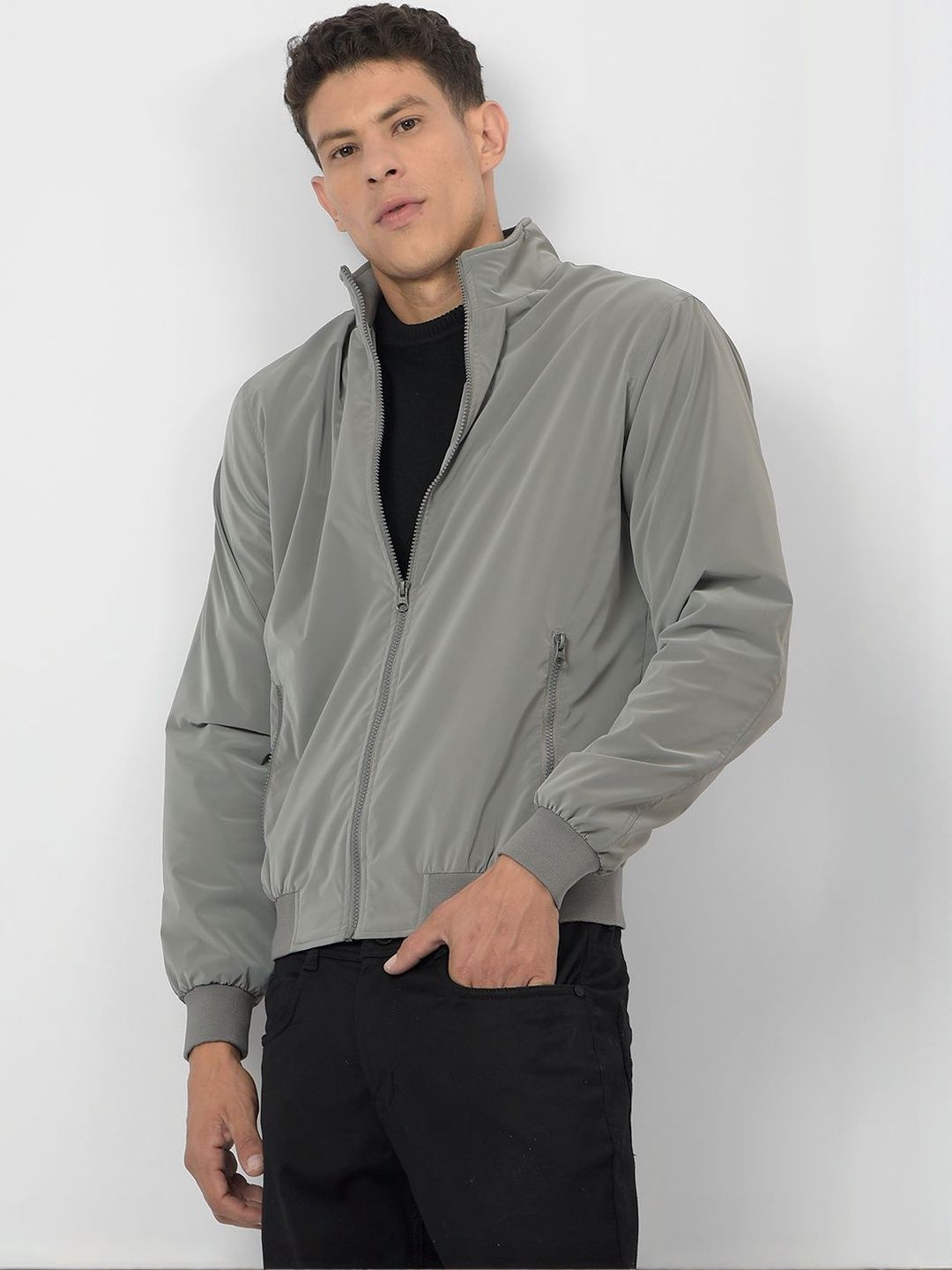 Numero Uno Men Stand Collar Solid Lightweight Bomber Jacket