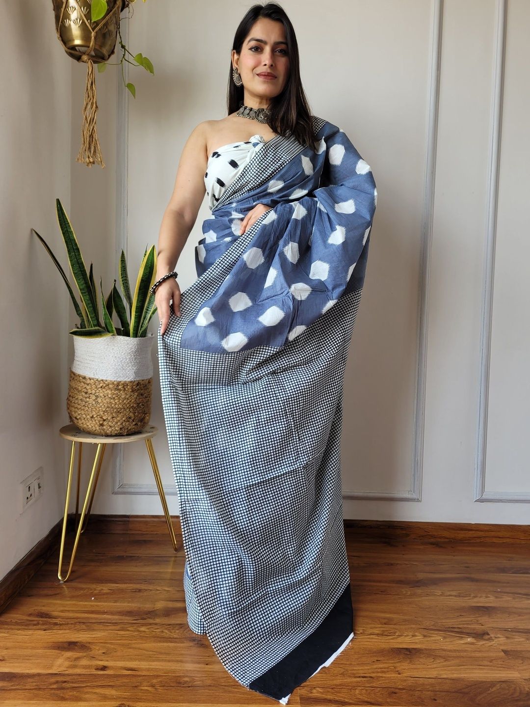 Moda Rapido Polka Dot Printed Pure Cotton Ikat Saree
