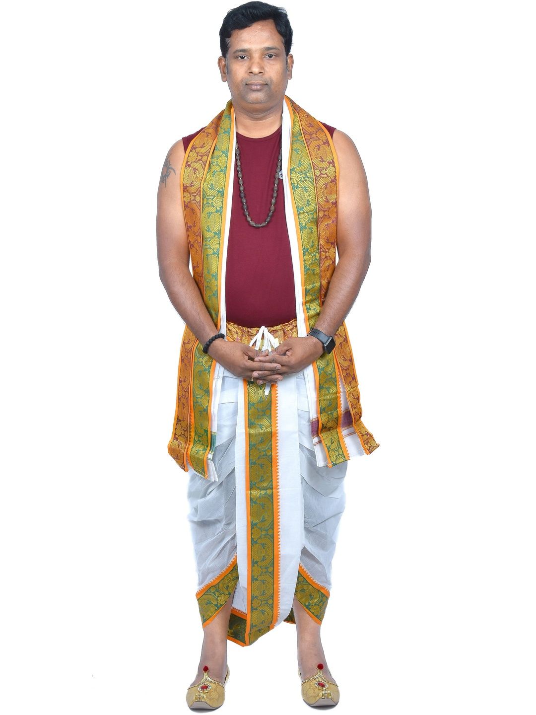 TUNI MANI Men Readymade Cotton Dhoti Pant With Side Pocket And Angavastram Set