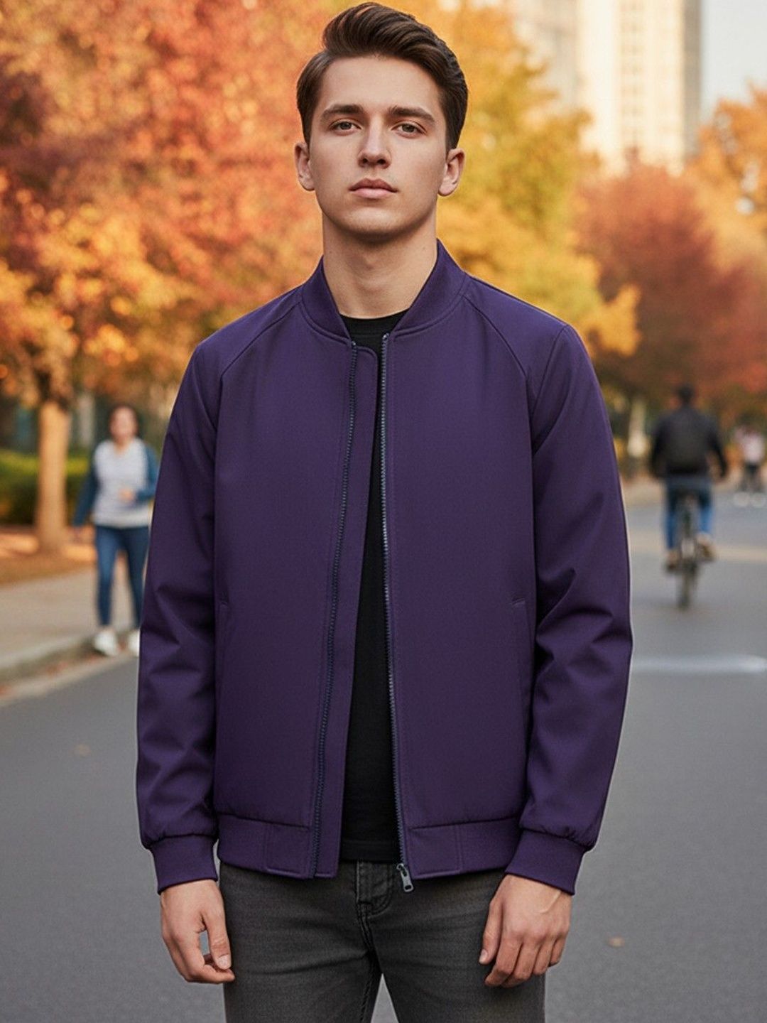 Mast & Harbour Men Stand Collar Solid Bomber Jacket