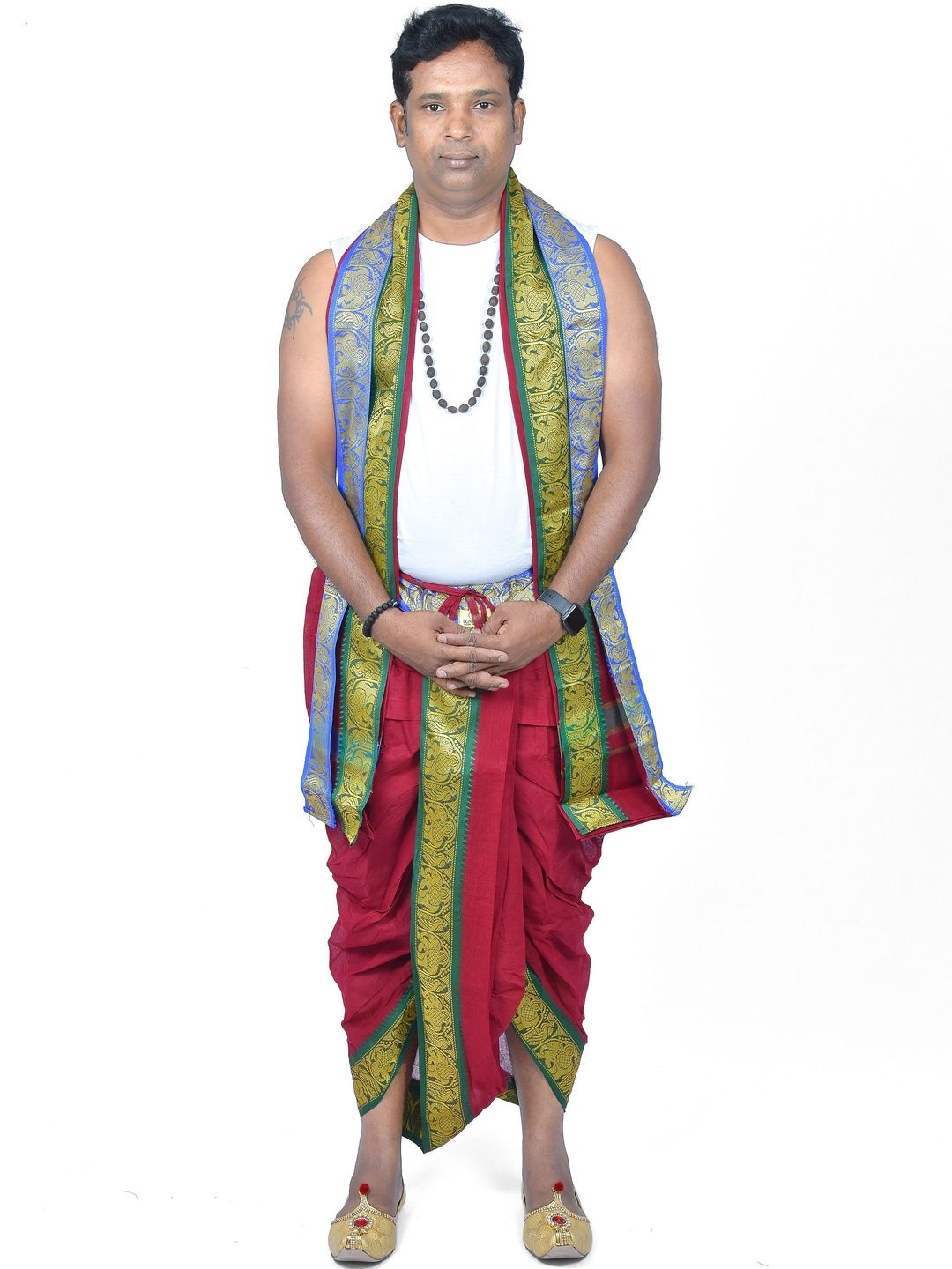 TUNI MANI Men Readymade Cotton Dhoti Pant With Side Pocket And Angavastram Set