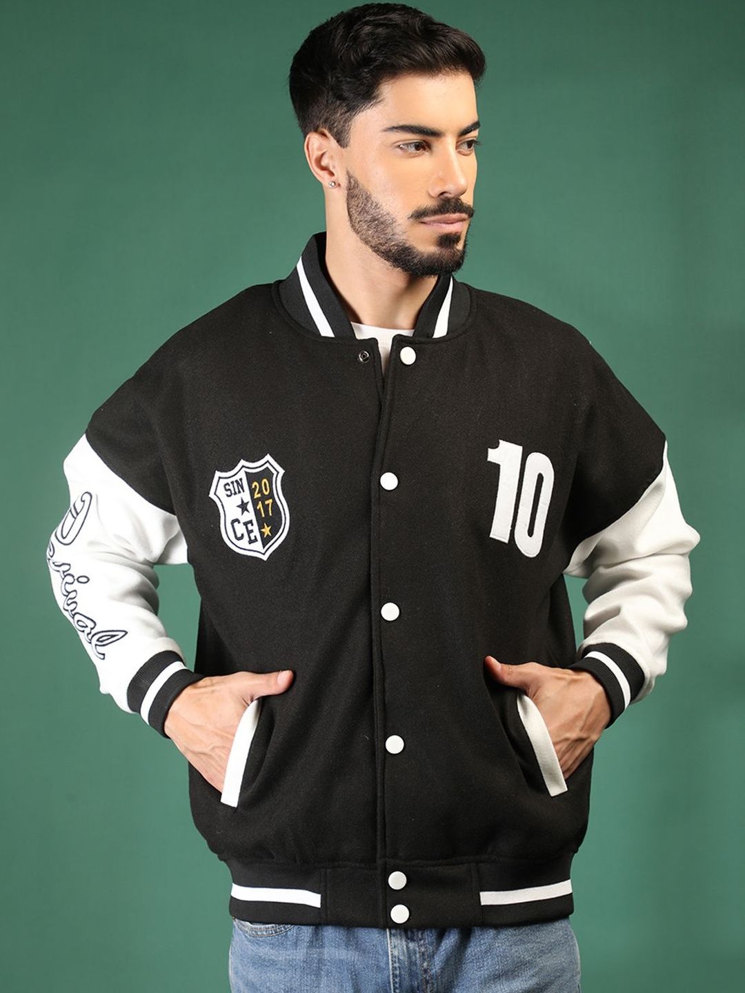 Roadster Men Colourblocked Woollen Lightweight Outdoor Varsity Jacket
