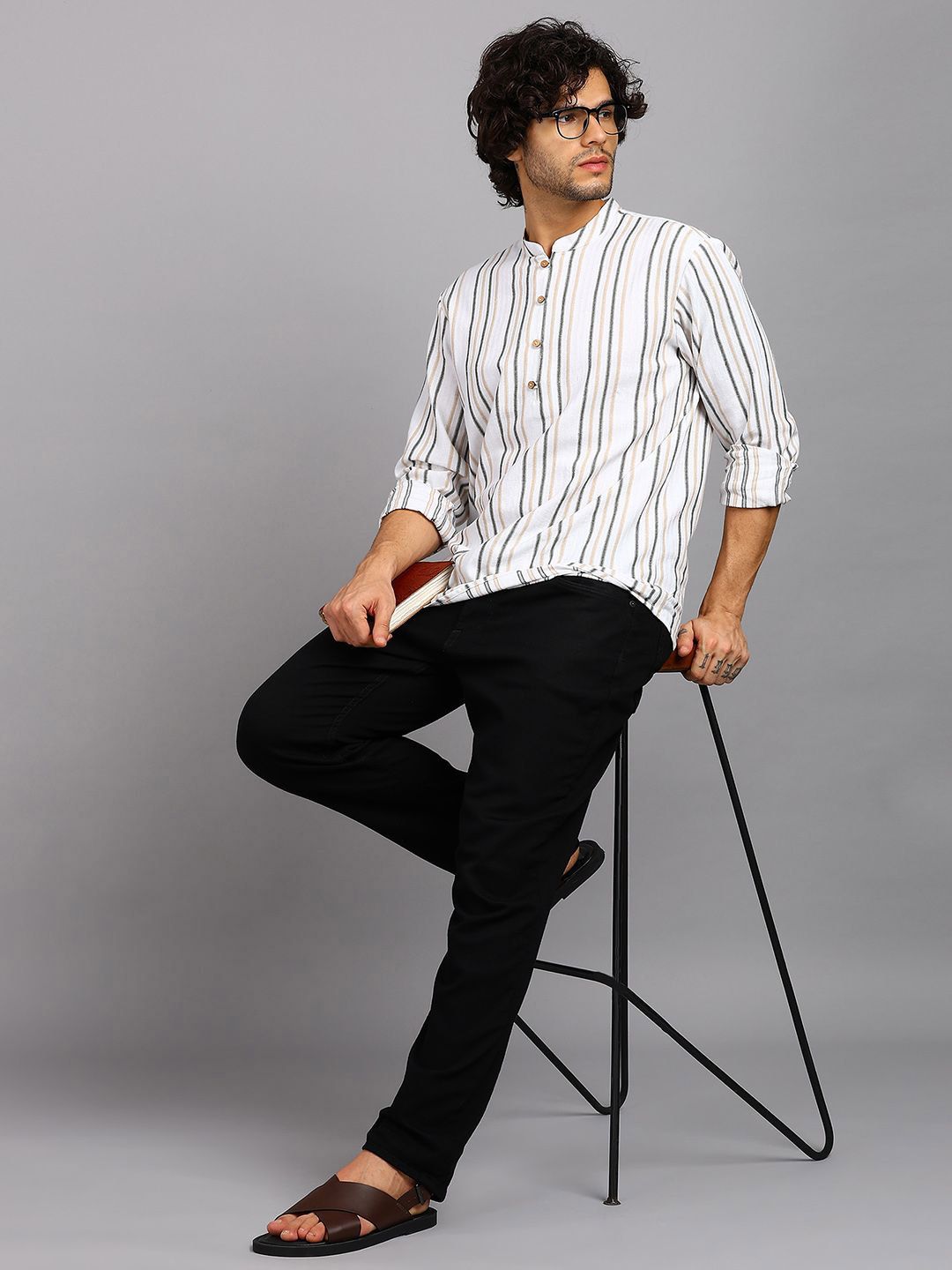 HERE&NOW Striped Mandarin Collar Pure Cotton Straight Kurta