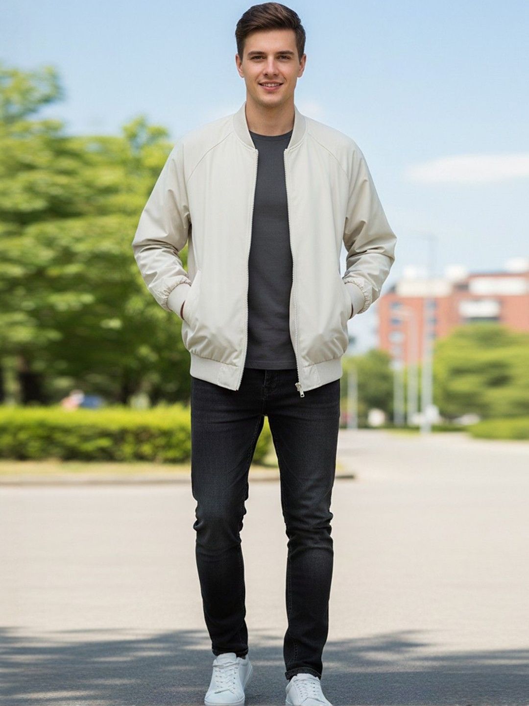 HERE&NOW Men Stand Collar Solid Bomber Jacket