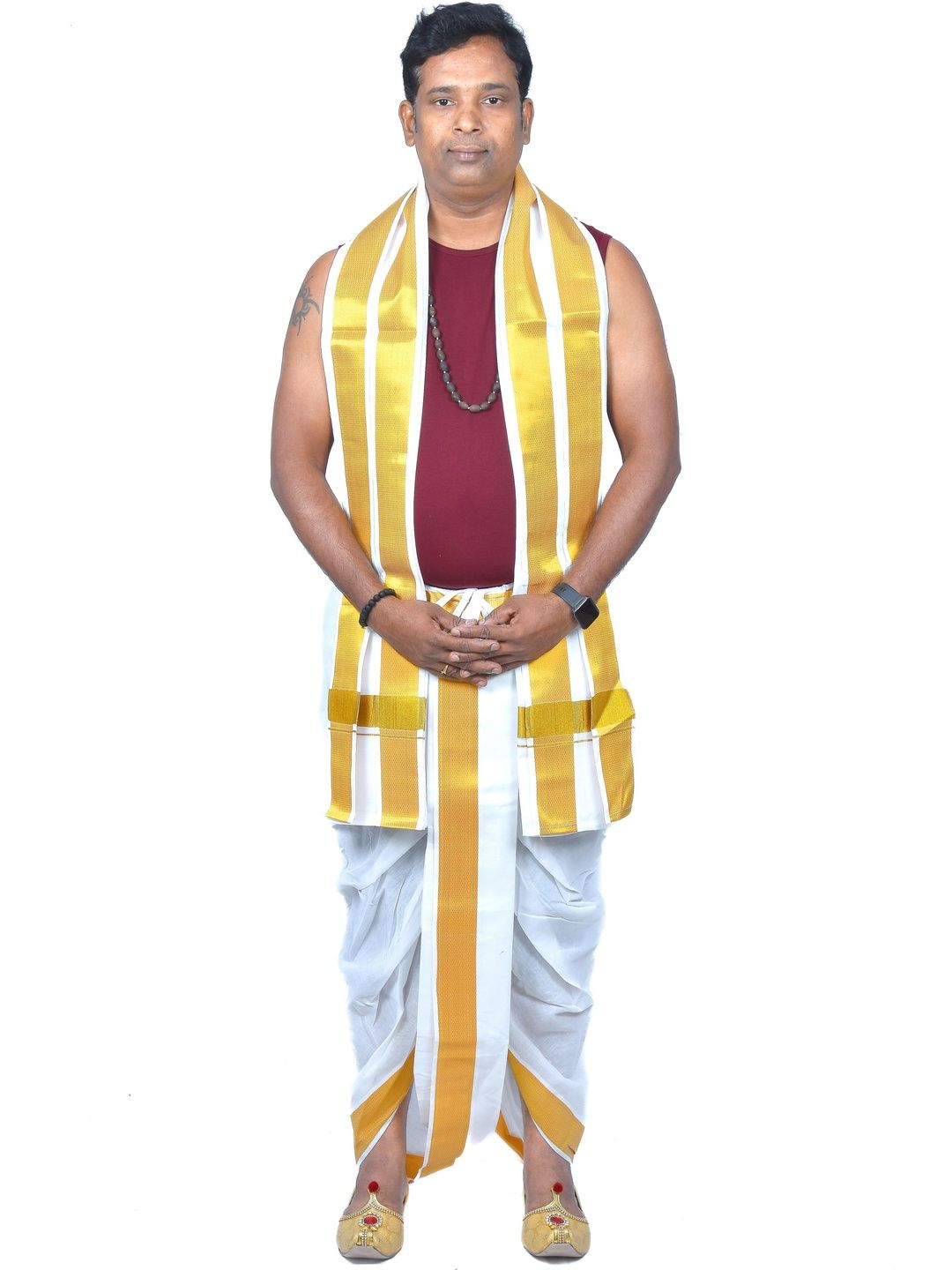 TUNI MANI Men Readymade Cotton Dhoti Pant With Side Pocket And Angavastram Set