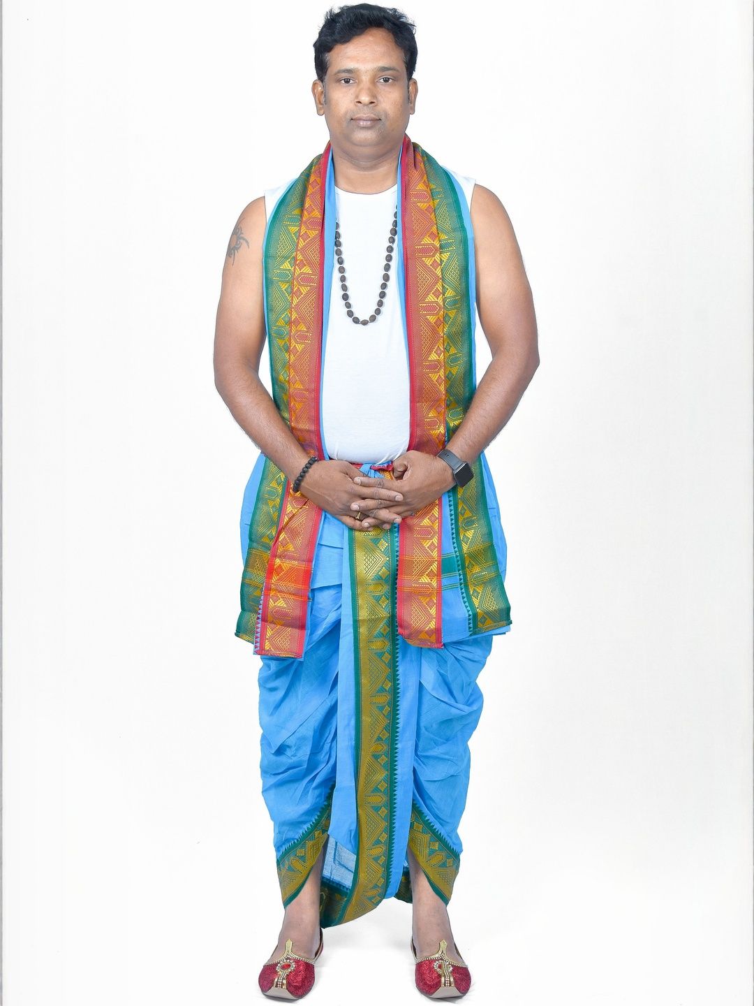 TUNI MANI Men Readymade Cotton Dhoti Pant With Side Pocket And Angavastram Set