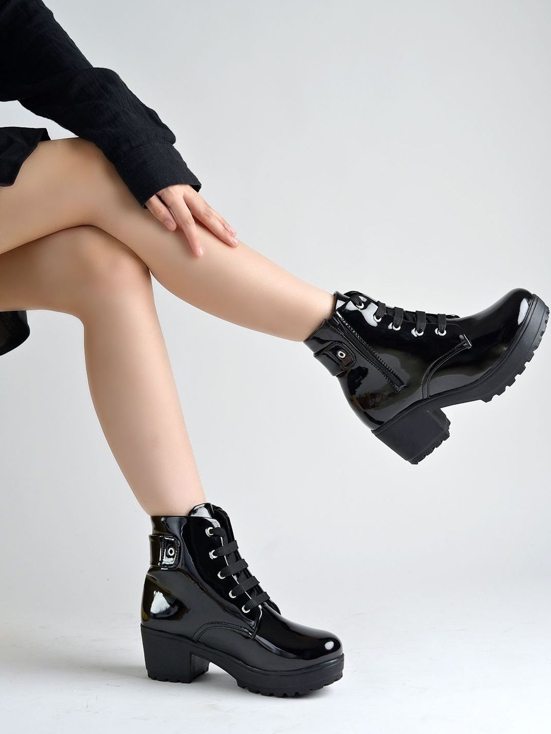 SZN Women Patent Leather Block-Heel High-Top Winter Boots