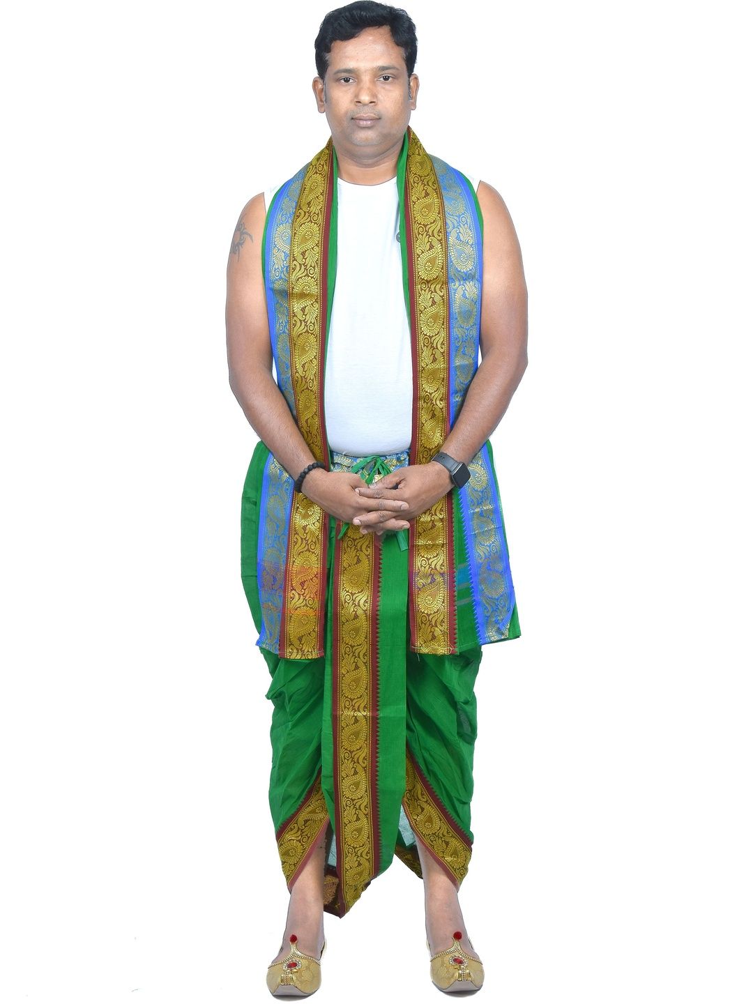 TUNI MANI Men Readymade Cotton Dhoti Pant With Side Pocket And Angavastram Set