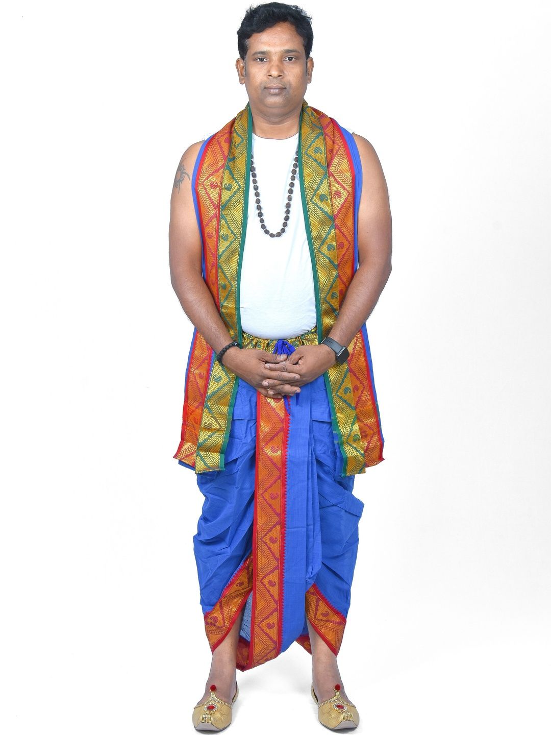 TUNI MANI Men Readymade Cotton Dhoti Pant With Side Pocket And Angavastram Set