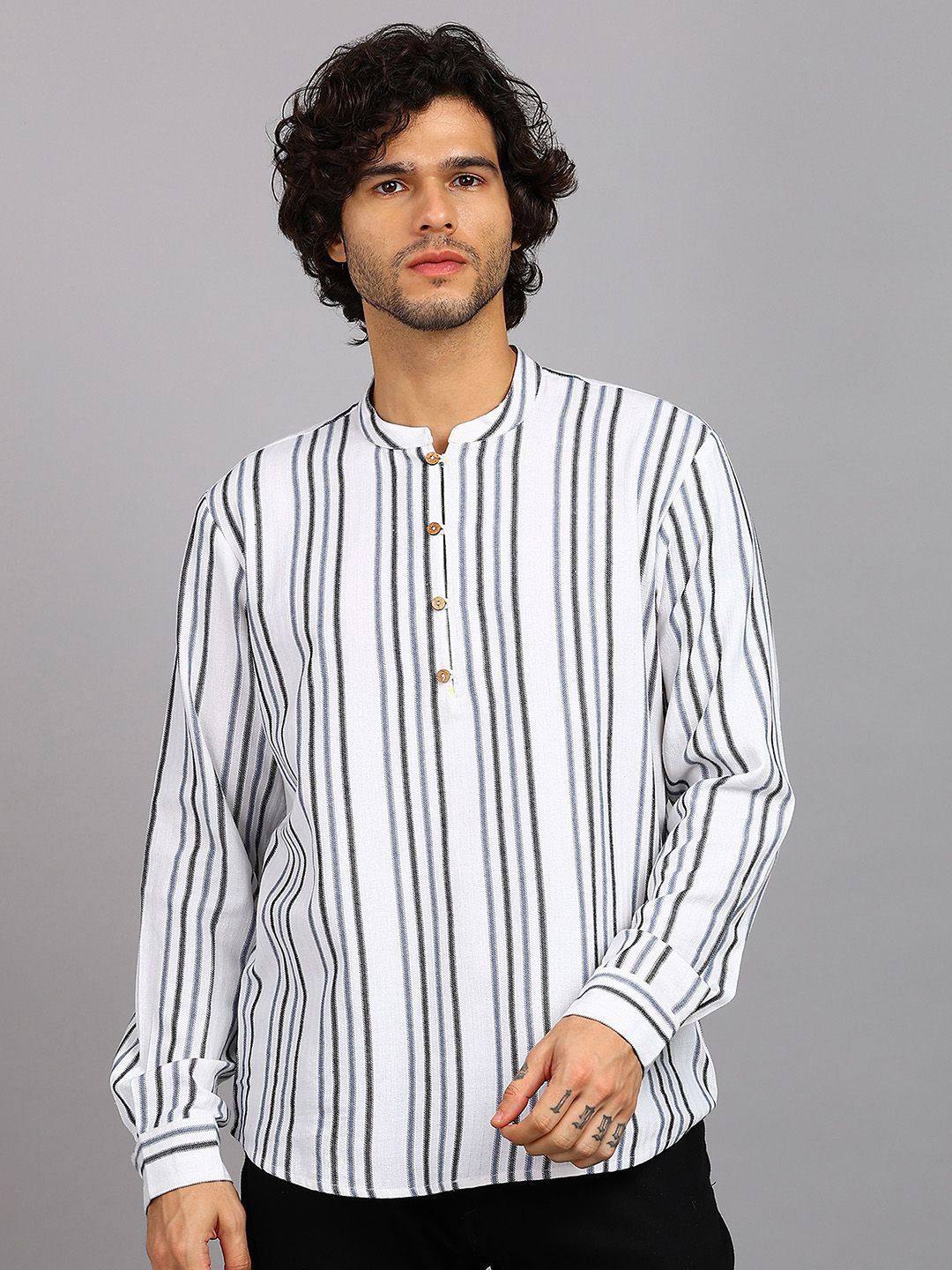 HERE&NOW Striped Mandarin Collar Pure Cotton Straight Kurta