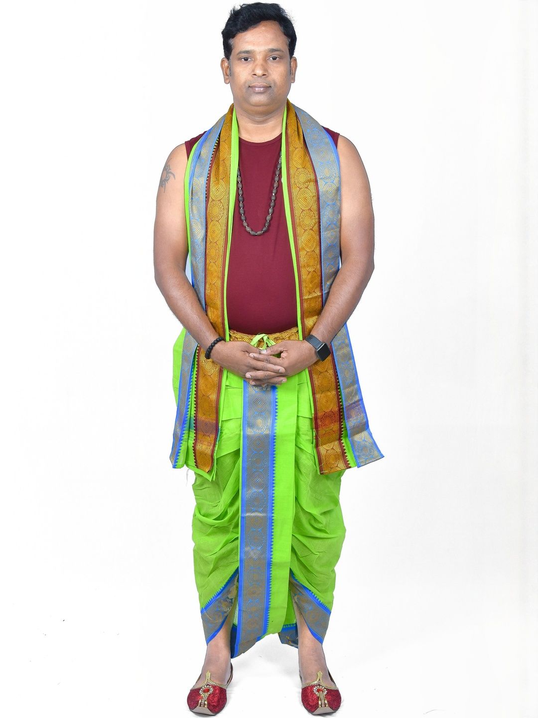 TUNI MANI Men Readymade Cotton Dhoti Pant With Side Pocket And Angavastram Set