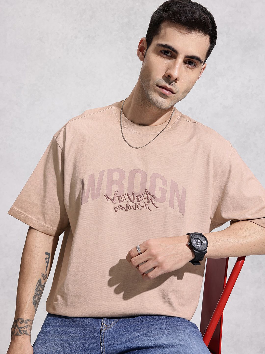 WROGN Brand Logo Printed Drop-Shoulder Sleeves Pure Cotton T-shirt
