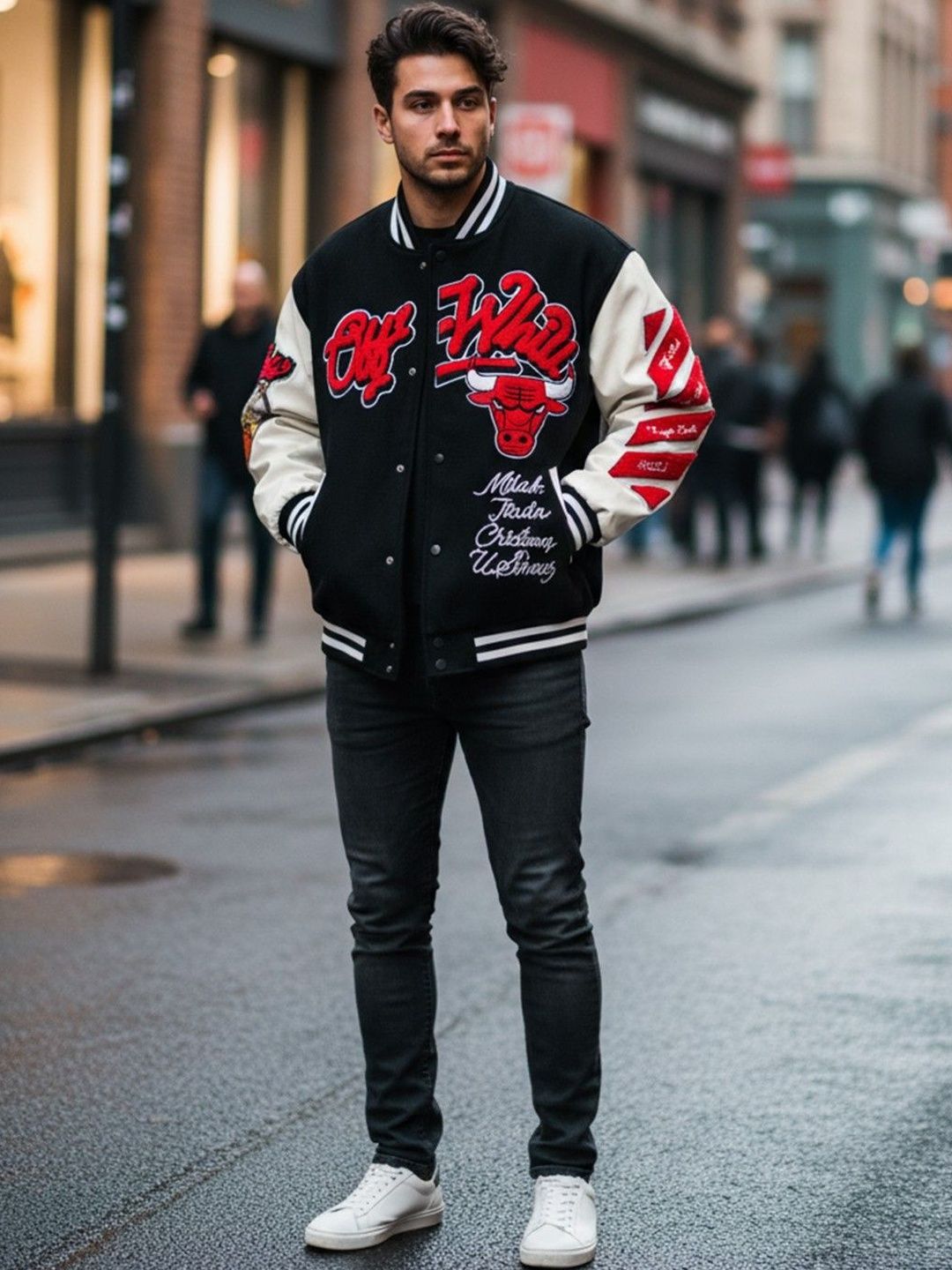 HERE&NOW Men Stand Collar Graphic Printed Bomber Jacket