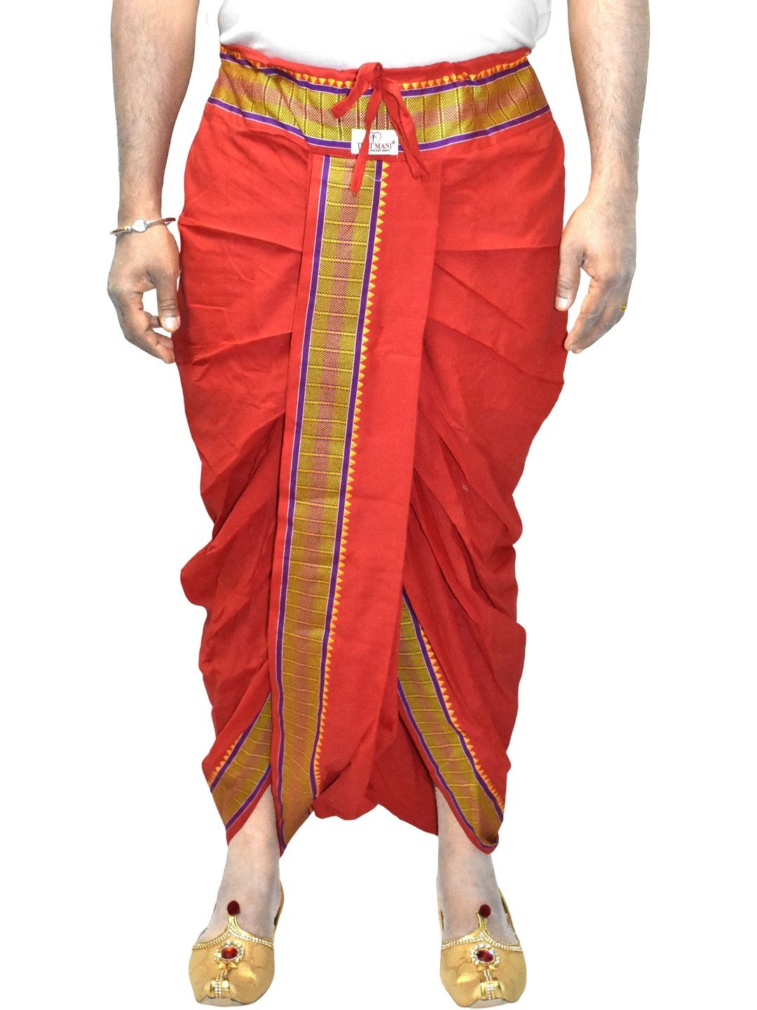 TUNI MANI Men Red Zari Cotton Dhotis Pant