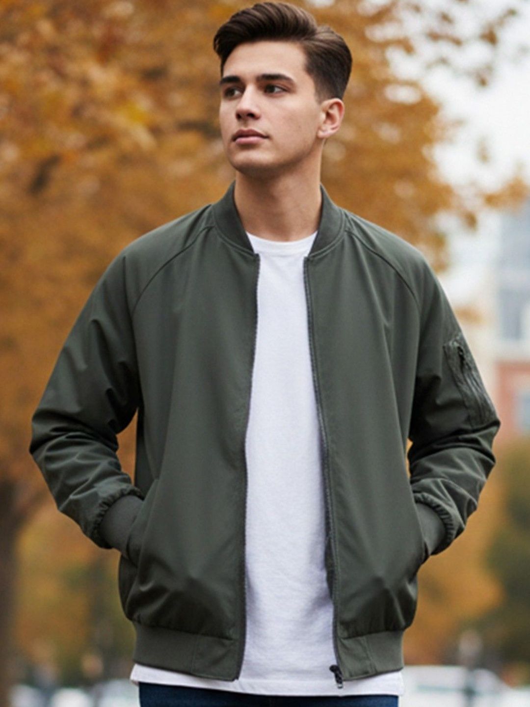HERE&NOW Men Stand Collar Solid Bomber Jacket