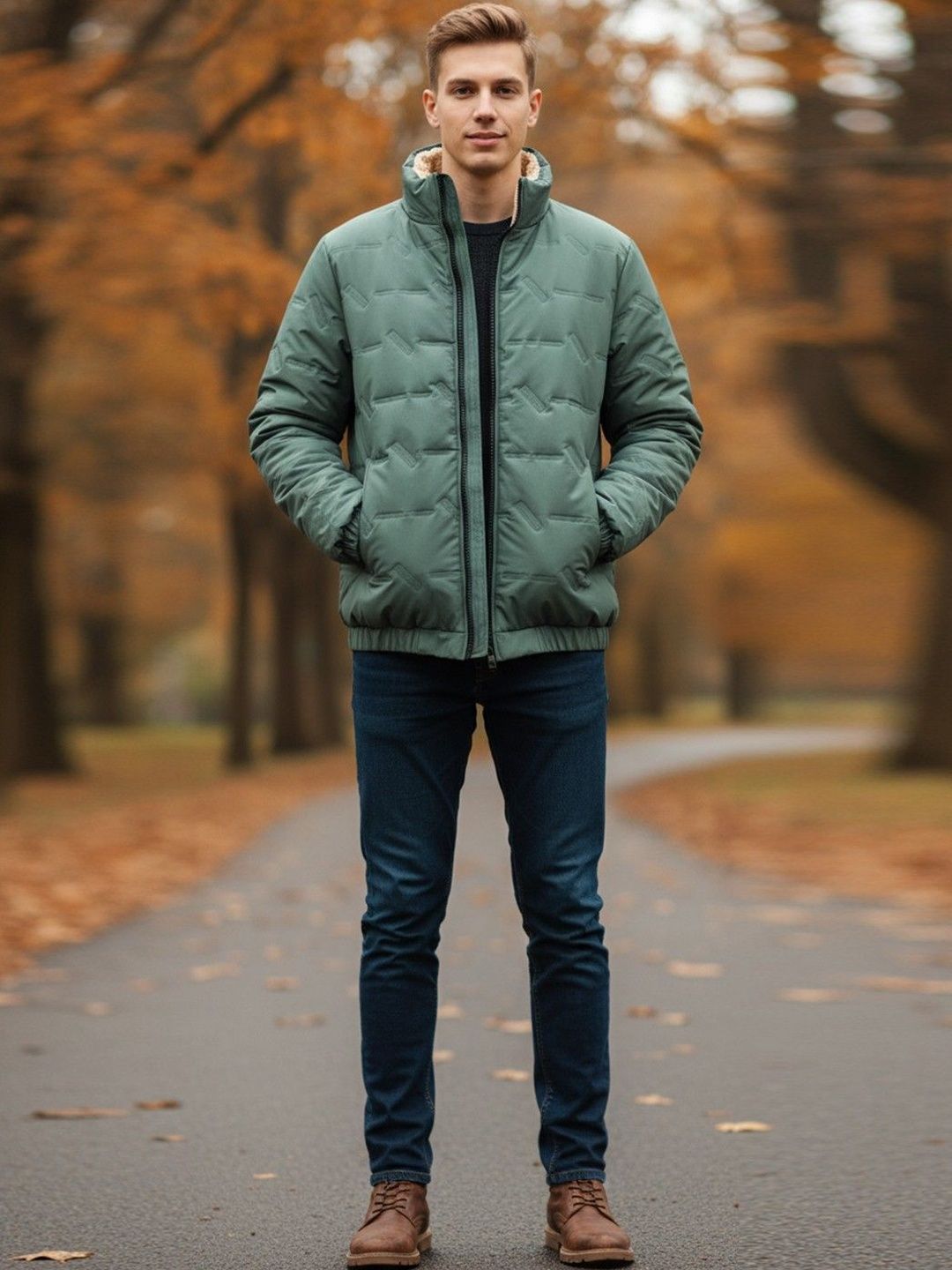 HERE&NOW Men Stand Collar Self Design Puffer Jacket
