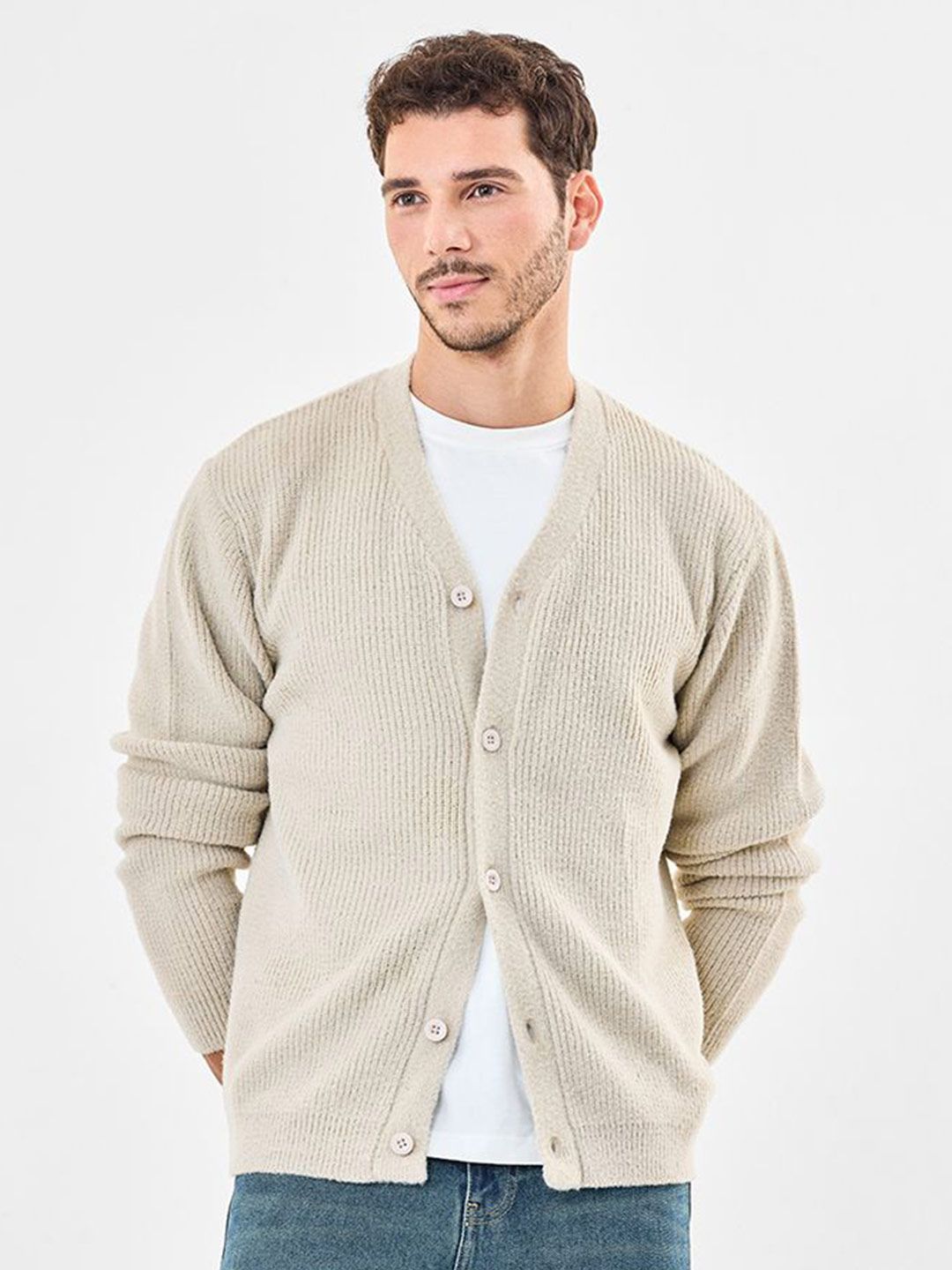 Snitch Men Ribbed V-Neck Long Sleeves Cardigan