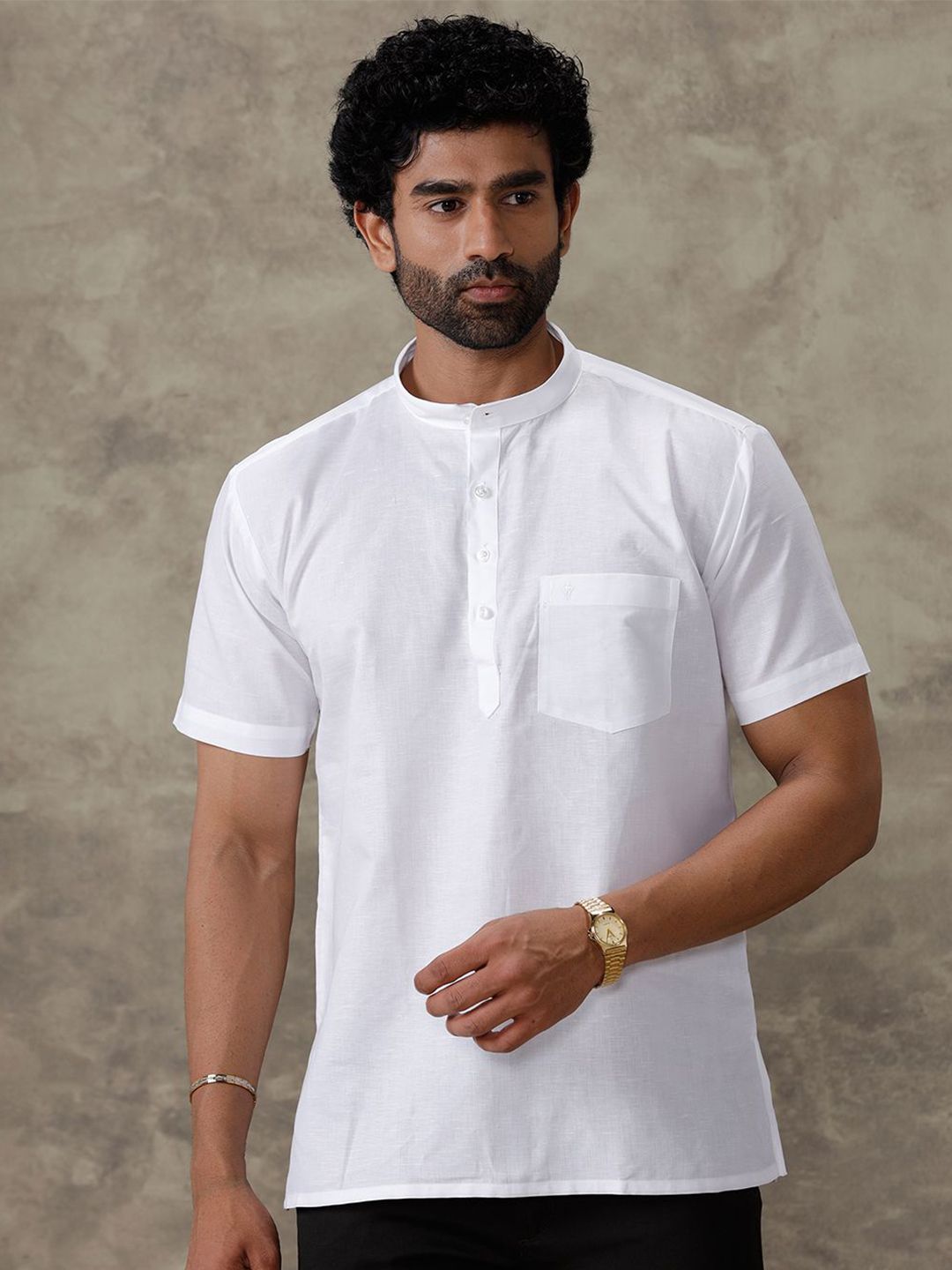 Ramraj Band Collar Short Sleeves Linen Cotton Straight Kurta