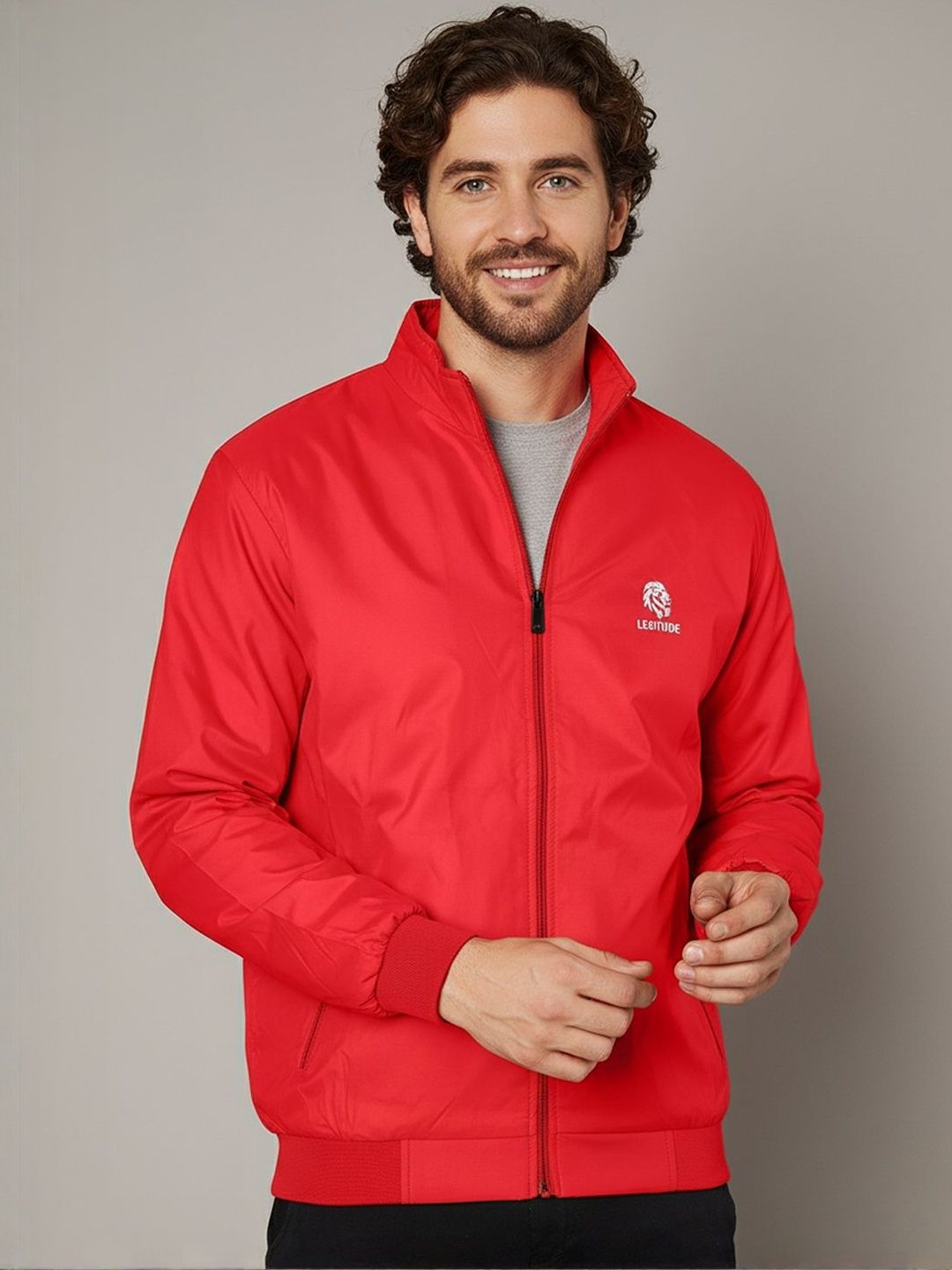Leotude Men Mock Collar Solid Windcheater Bomber Jacket
