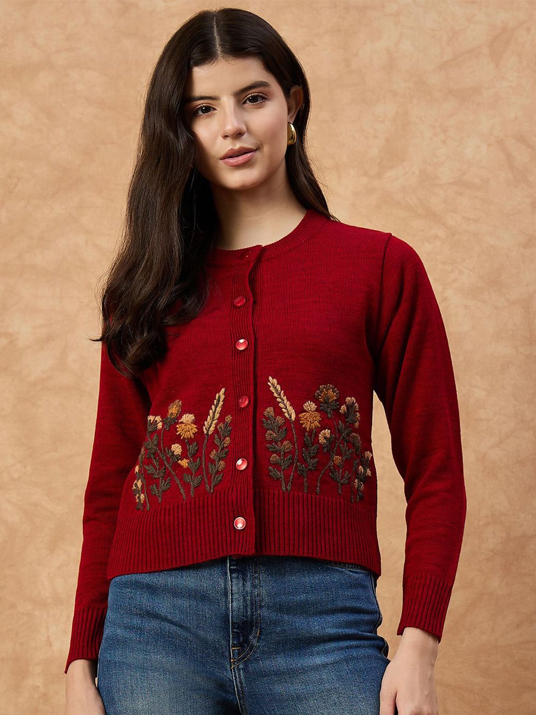 Chemistry Women Floral Embroidered Round Neck Ribbed Cardigan Sweater