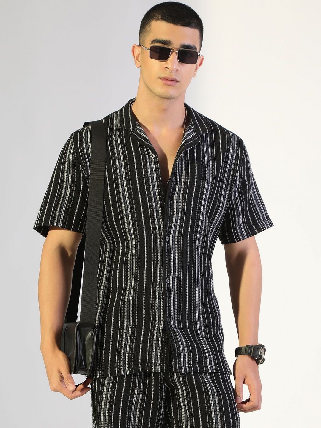 SHOWOFFFF SHOWOFFFF Men Striped Short Sleeve Shirt & Casual Shorts Co-ord Set