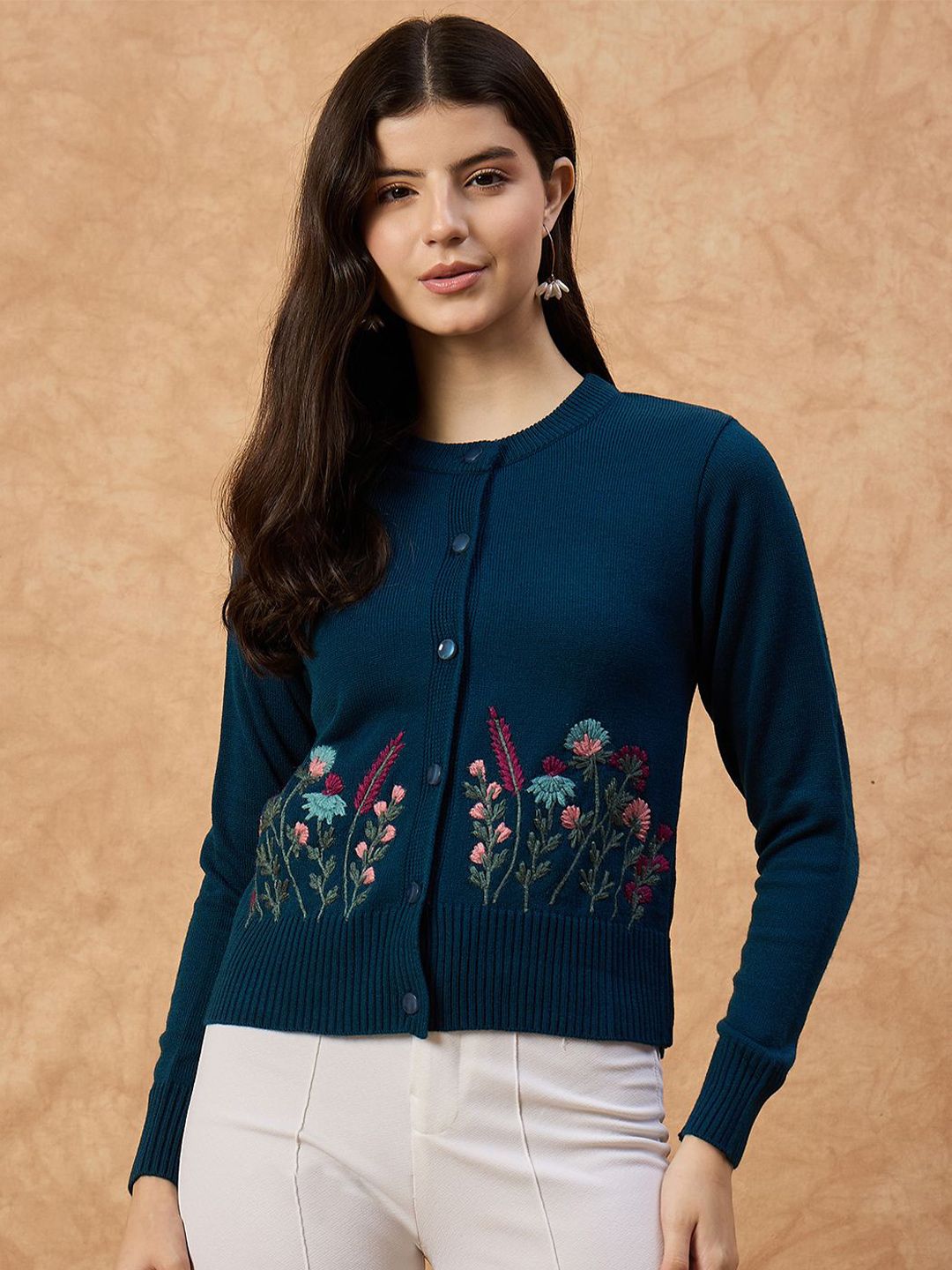Chemistry Women Peacock Knitted Floral Embroidered Round Neck Full Sleeve Woollen Cardigan