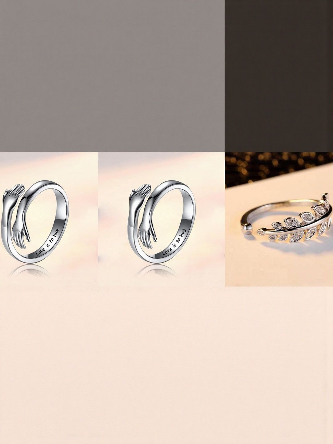 Teeragaj Teeragaj Set Of 3 Stainless Steel Stone-Studded Adjustable Couple Finger Ring