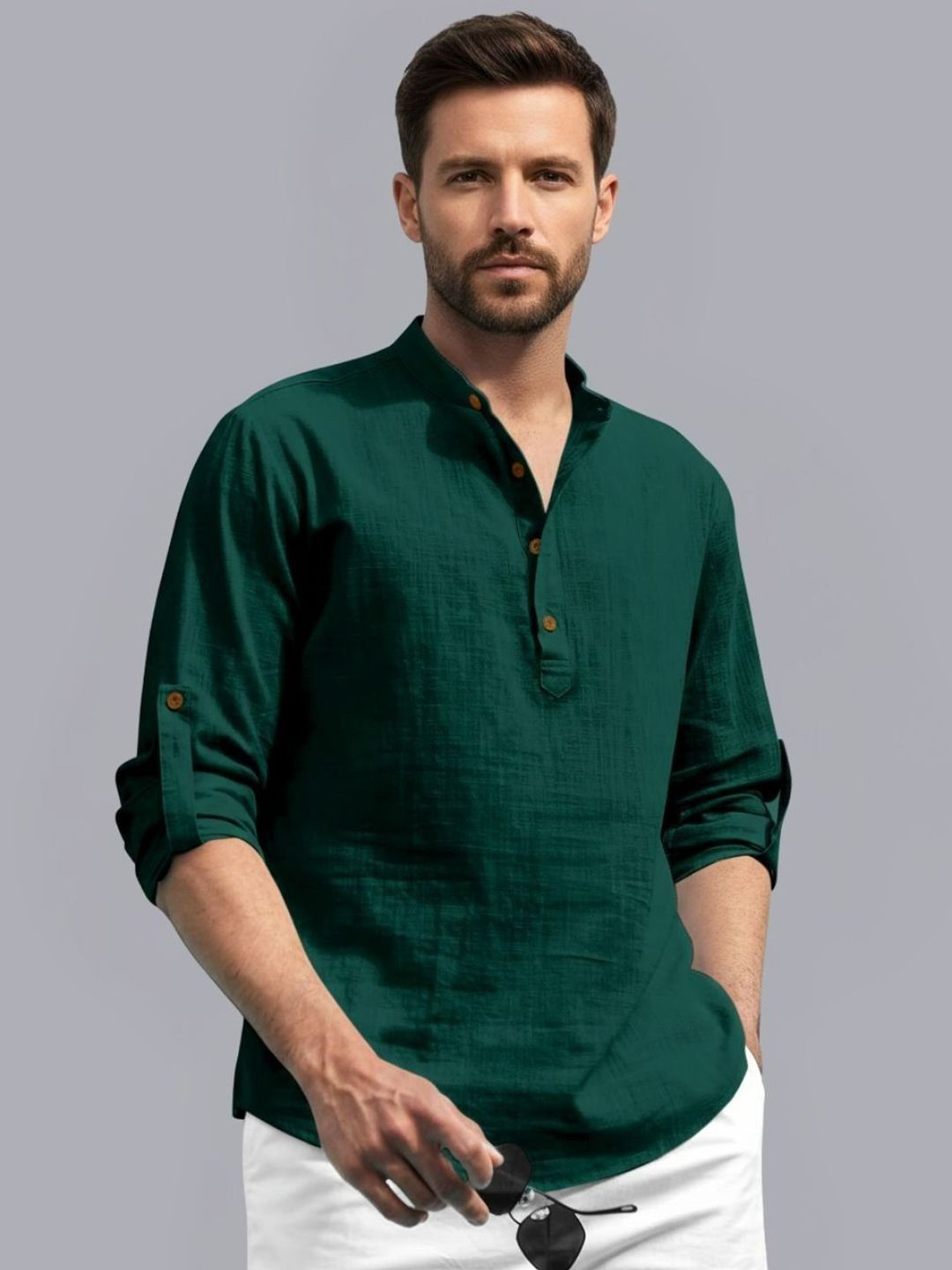 Zee Gold Zee Gold Men Mandarin Collar Roll-Up Sleeves Cotton Straight Kurta