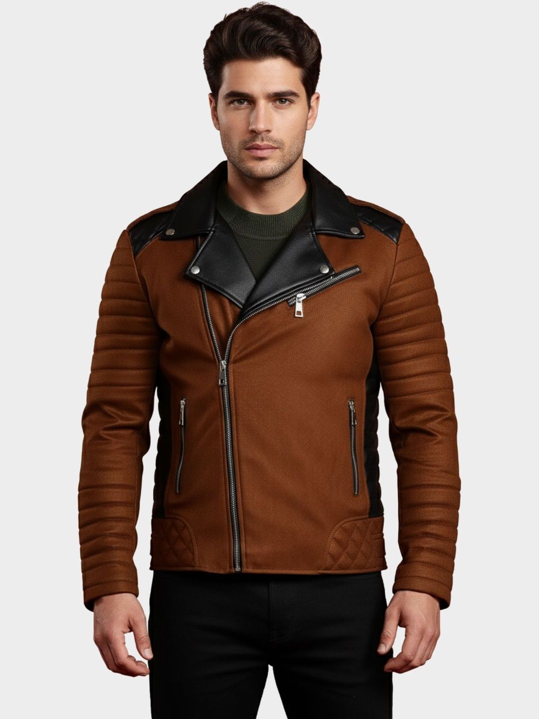 Leather Retail Men Lapel Collar Solid Lightweight Biker Jacket