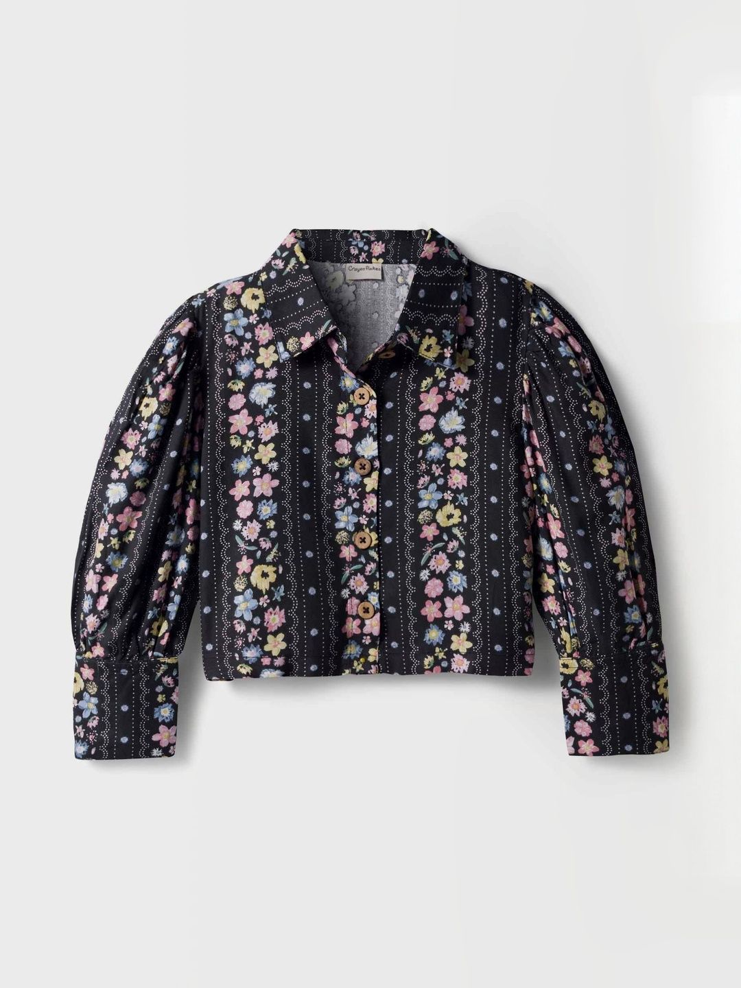CrayonFlakes Girls Floral Printed Collar Neck Full Sleeves Cotton Top