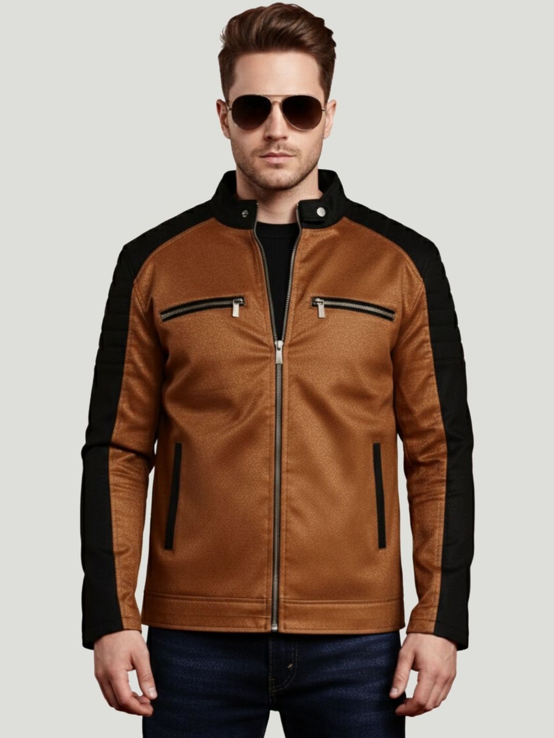 Leather Retail Men Stand Collar Solid Lightweight Biker Jacket