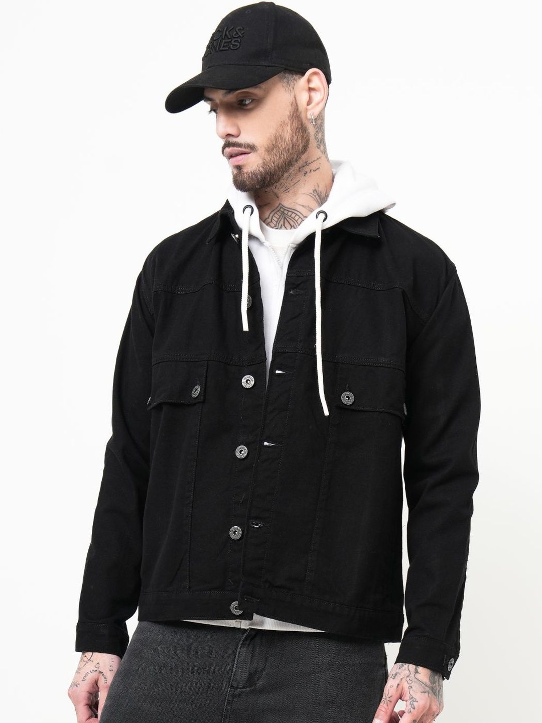 PAUL STREET Men Spread Collar Solid Lightweight Denim Jacket