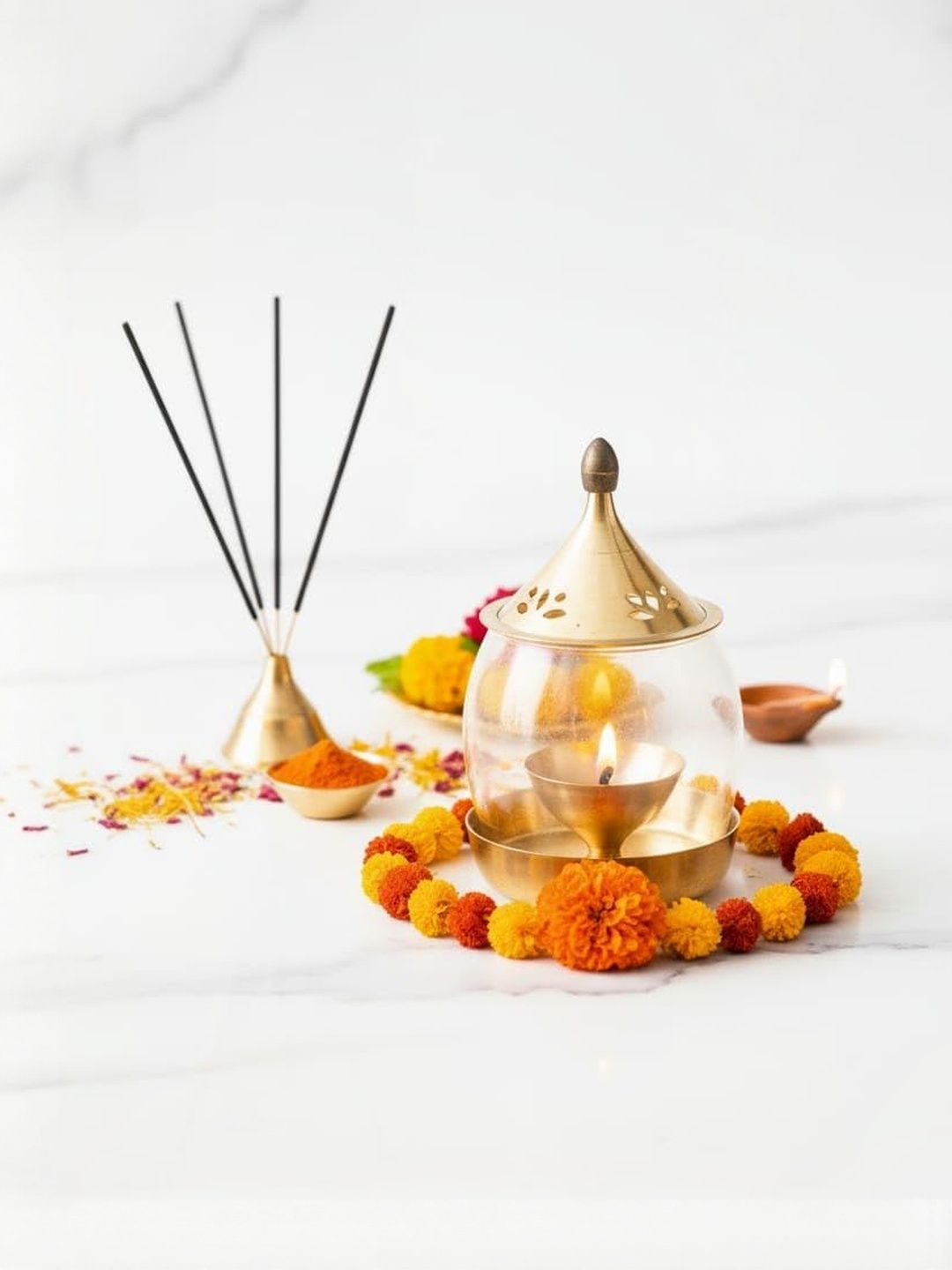 LE'SIJA DECORATIONS Transparent & Gold-Toned Oil Lamp Akhand Diya With Cover