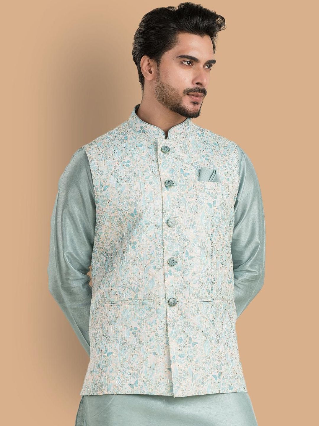 TRENDS OF ETHNIC Floral Printed Sequinned Mandarin Collar Nehru Jacket