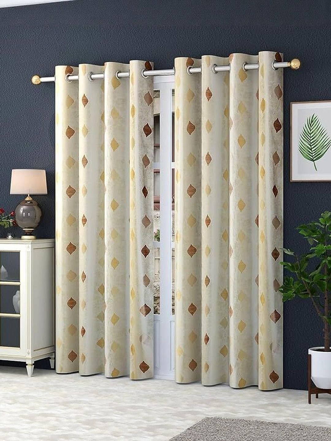 LUZDECOR Gold Toned Geometric Printed 2 Pieces Door Room Darkening Eyelet Curtains