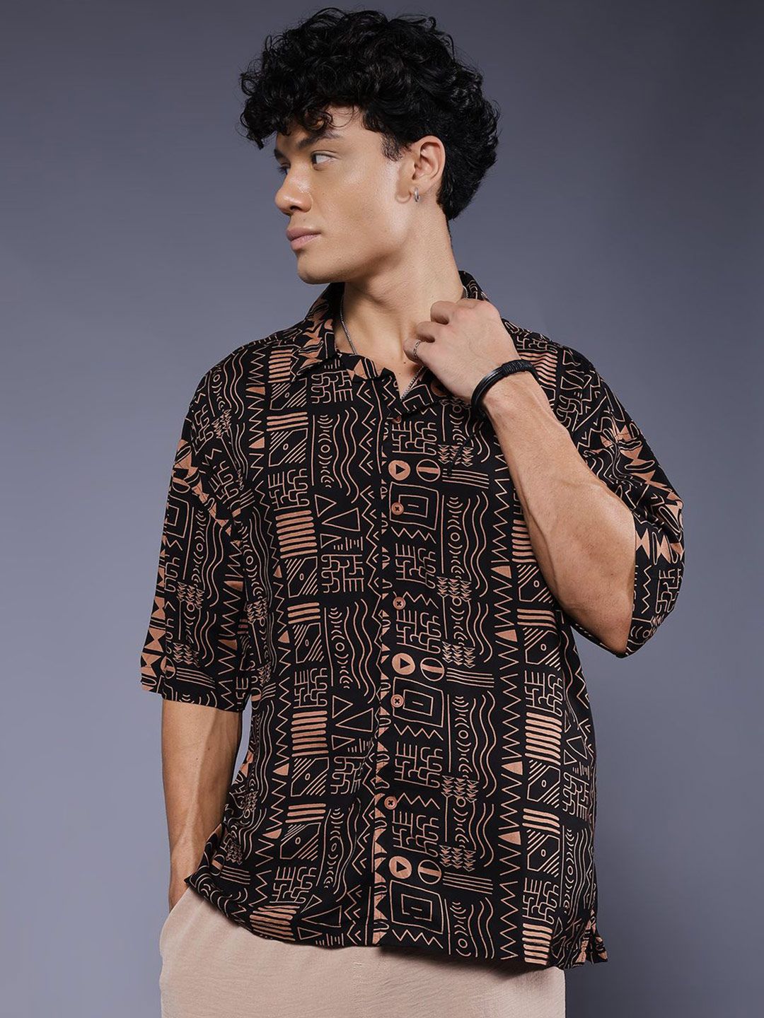 PRONK PRONK Men's Oversized Fit Abstract Printed Half Sleeve Cuban collar Casual Shirt