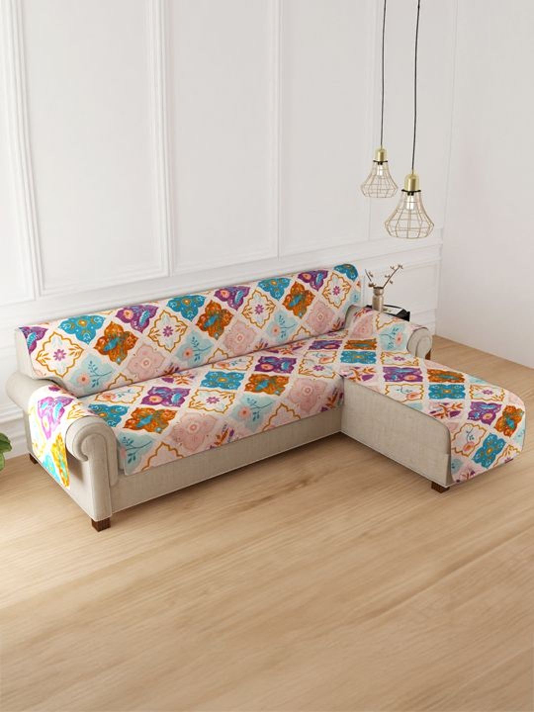 HOKIPO Cream-Coloured 2 Pieces Printed Reversible Quilted L Shap Sofa Covers With Arms