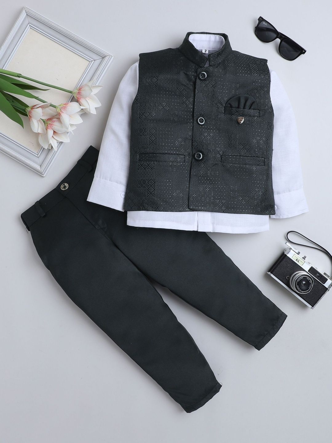 FOURFOLDS Boys Geometric Diamond Motifs Jacquard Three-Piece Party Suit