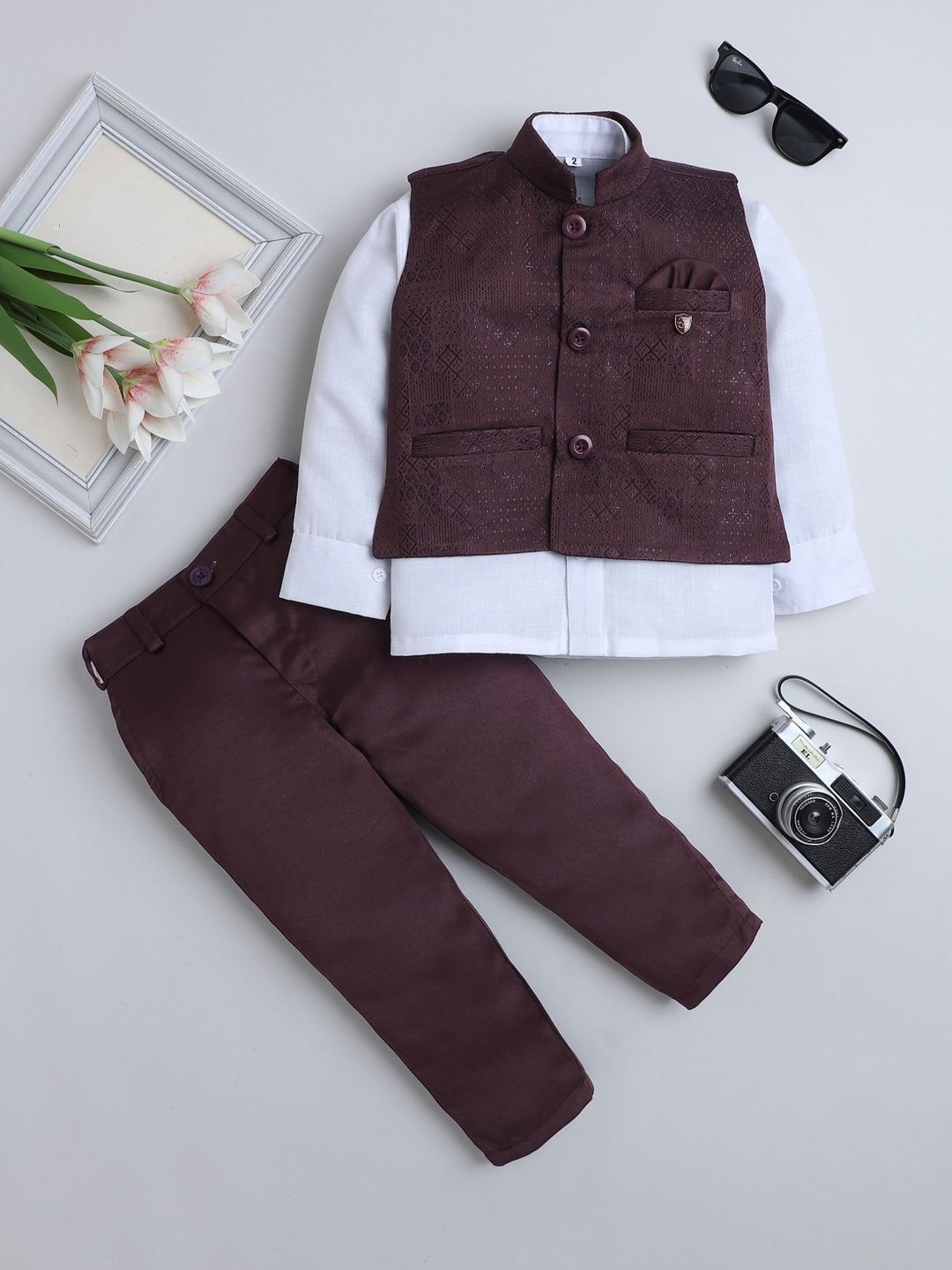 FOURFOLDS Boys Jacquard Single-Breasted Three-Piece Suits With Waistcoat and Trousers