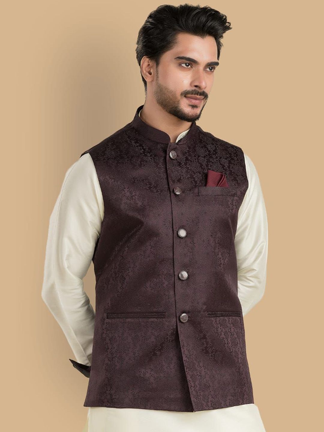TRENDS OF ETHNIC Men Self Design Mandarin-Neck Nehru Jacket