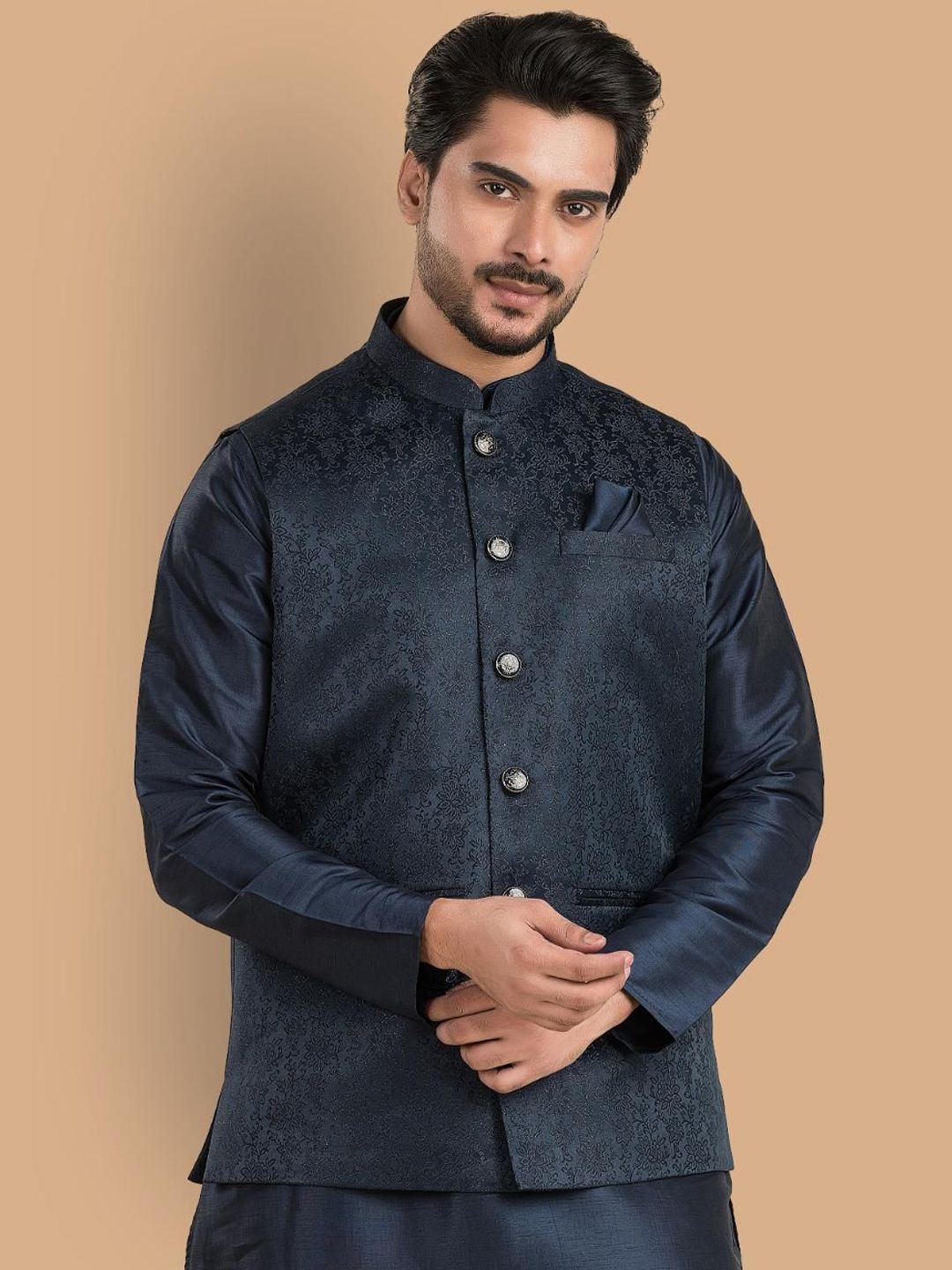 TRENDS OF ETHNIC Woven Design Mandarin Collar Nehru Jacket