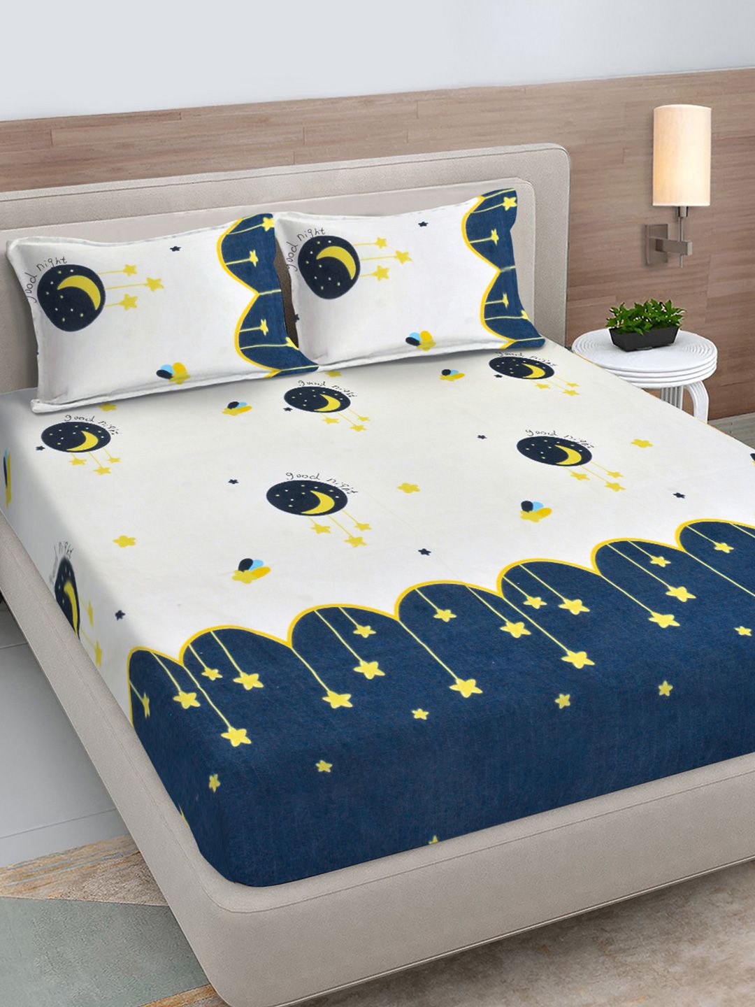 FABINALIV White Cartoon Print Polycotton 300 TC Fitted King Bedsheet with 2 Pillow Covers