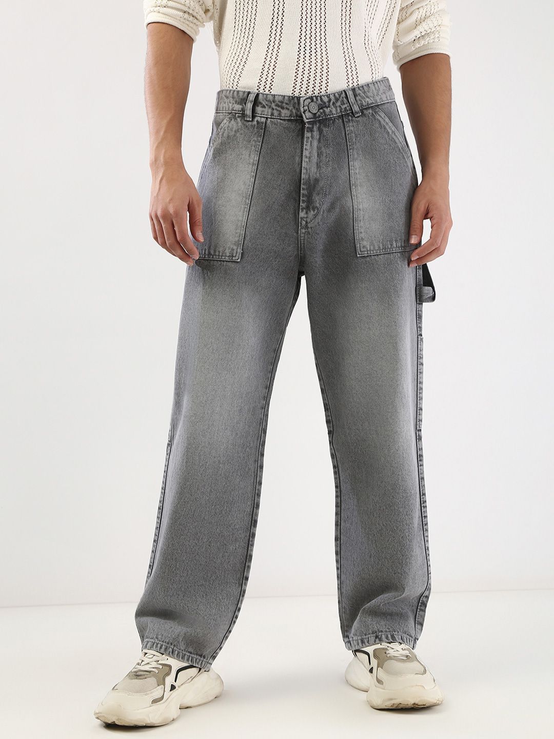 Urbano Fashion Men Grey Loose Baggy Fit Carpenter Cargo Jeans With 6 Pockets Non-Stretchable