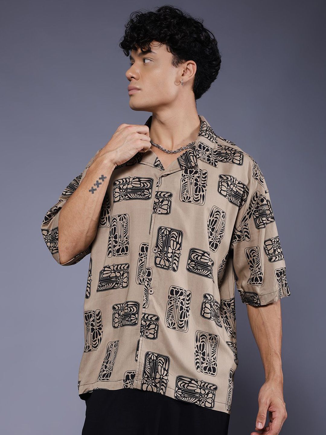 PRONK PRONK Men's Oversized Beige & Black Abstract Geometric Printed Cuban Collar Casual Shirt