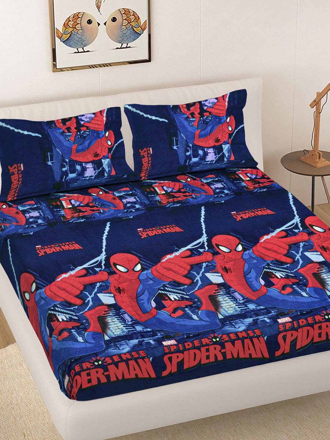 FABINALIV Navy Blue Cartoon Print Polycotton 300 TC King Bedsheet with 2 Pillow Cover